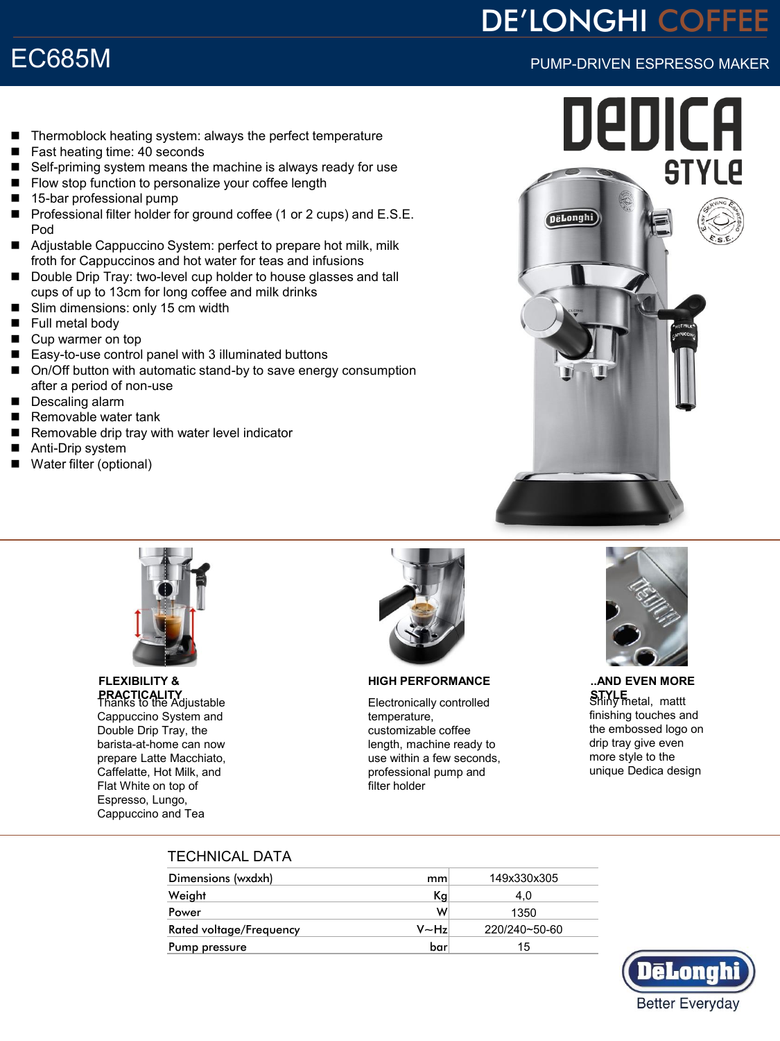 Delonghi EC685M Dedica Pump Espresso Coffee Machine Specification | Manualzz