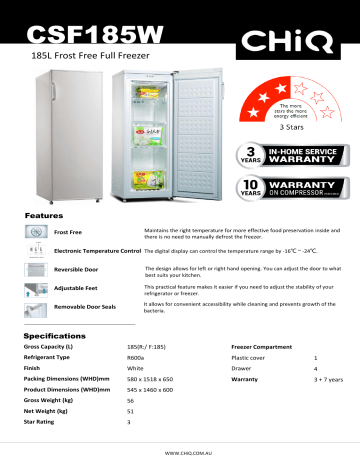 CHiQ CSF185W 185L Upright Frost Free Freezer Specification | Manualzz