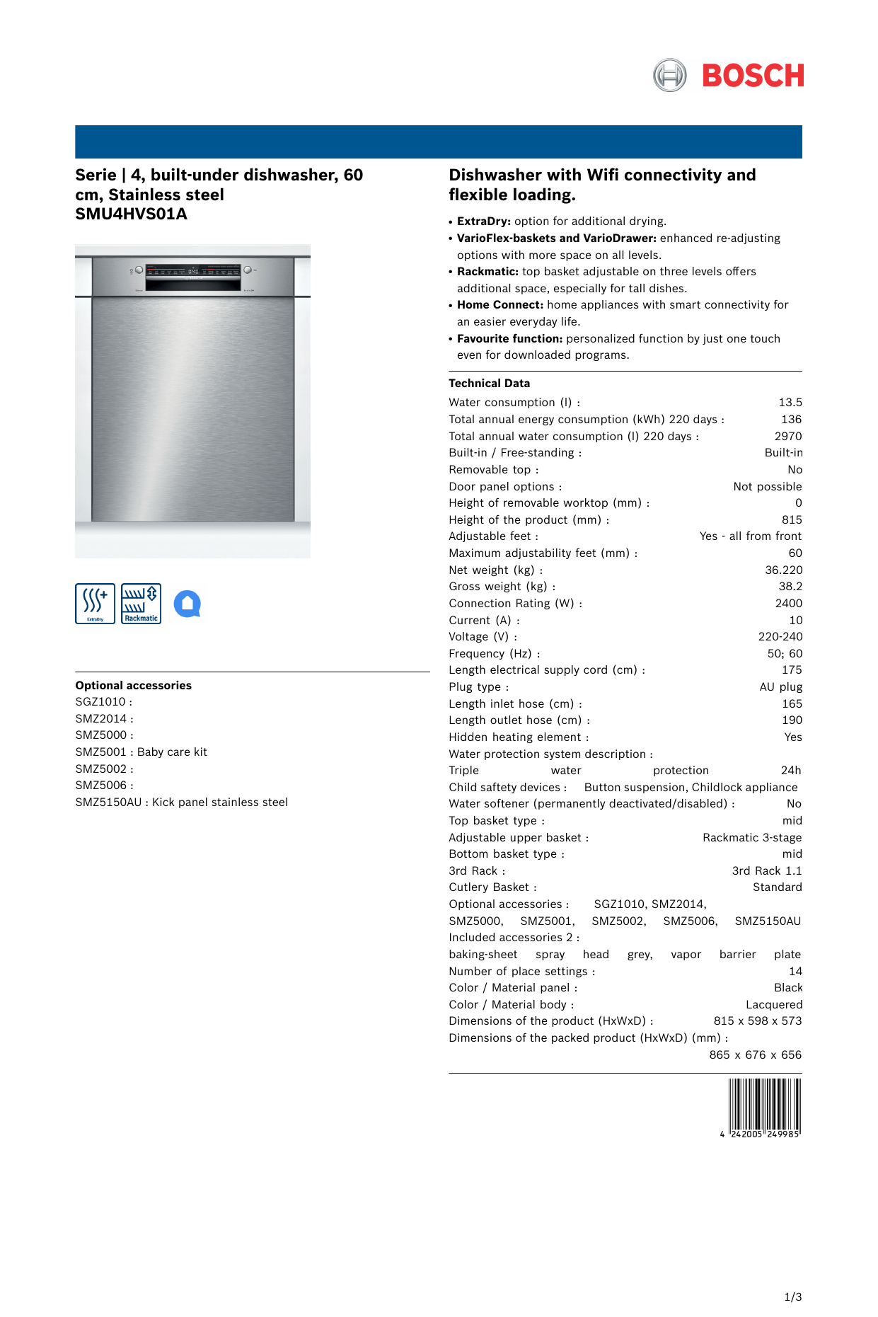 Bosch SMU4HVS01A Serie Built Under Dishwasher Specification
