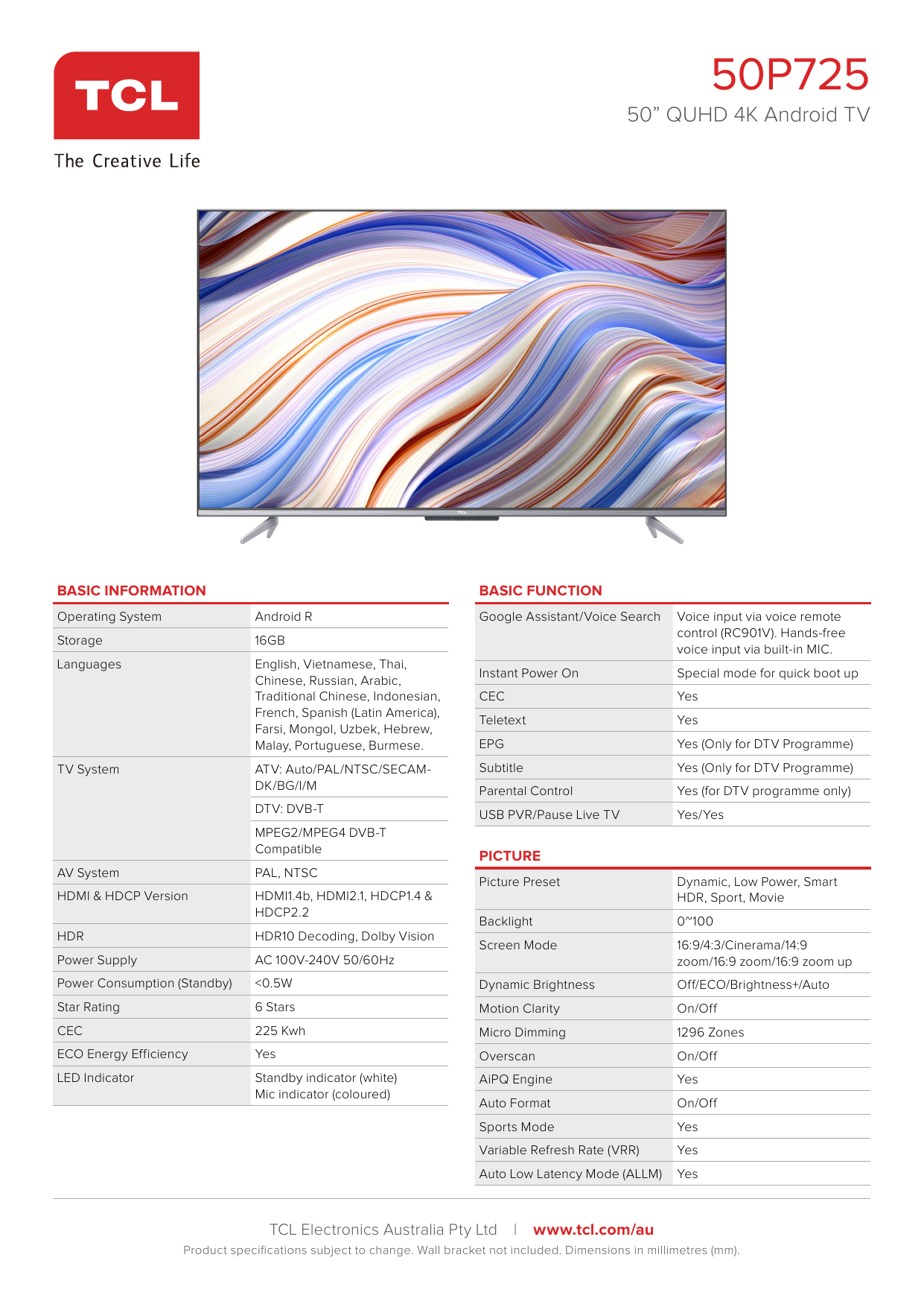 Tcl 50p725 50 Inch P725 4k Uhd Hdr Smart Android Tv Specification Manualzz