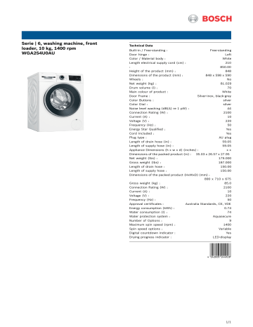 Bosch WGA254U0AU Serie 6 10kg Front Load Washing Machine Specification | Manualzz