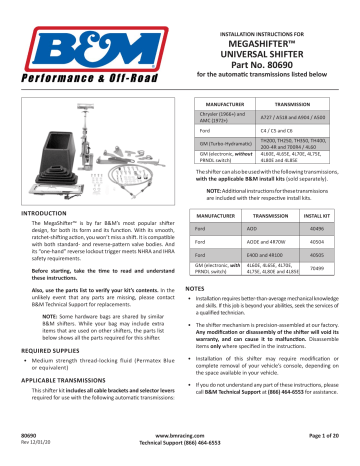 B&M 80690 Automatic Ratchet Shifter - MegaShifter Instructions | Manualzz