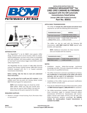 B&M 80692 Automatic Ratchet Shifter - MegaShifter Console Instructions ...