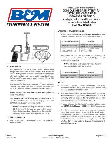 B&M 80694 Automatic Ratchet Shifter - MegaShifter Console Instructions ...