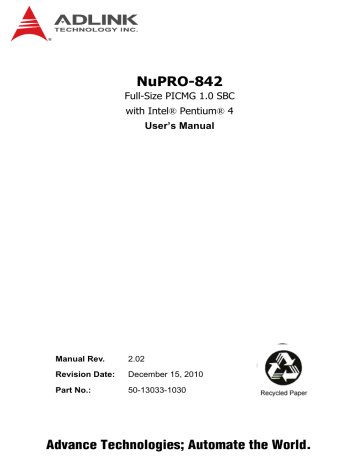 Adlink NuPRO-842 Full-Size Intel® Pentium® 4 Processor SBC Owner's Manual | Manualzz
