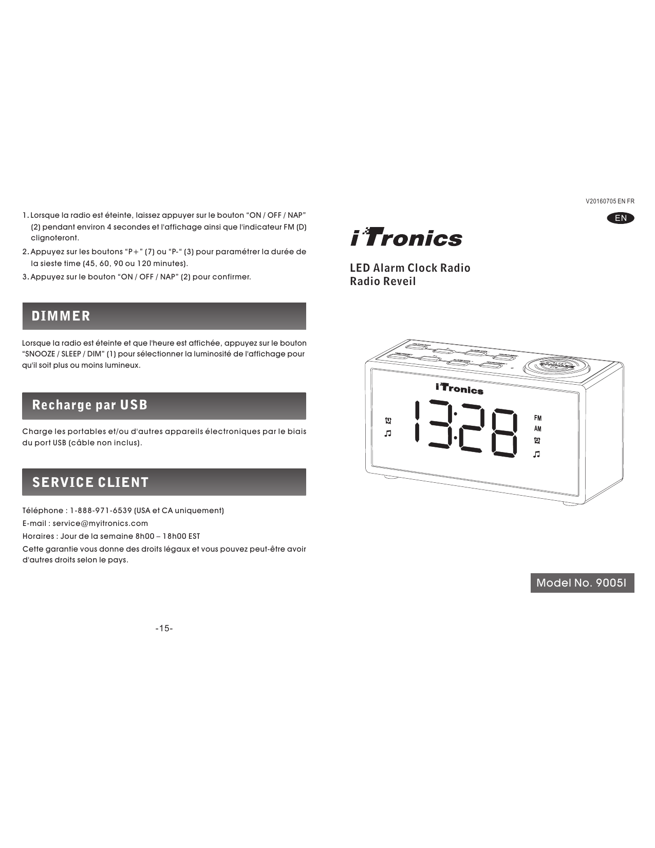 Radio-réveil FM numérique à DEL Westclox avec 2 ports de