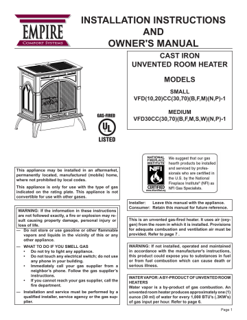 Empire Comfort Systems VFD20CC30FN-1 Owner's Manual | Manualzz