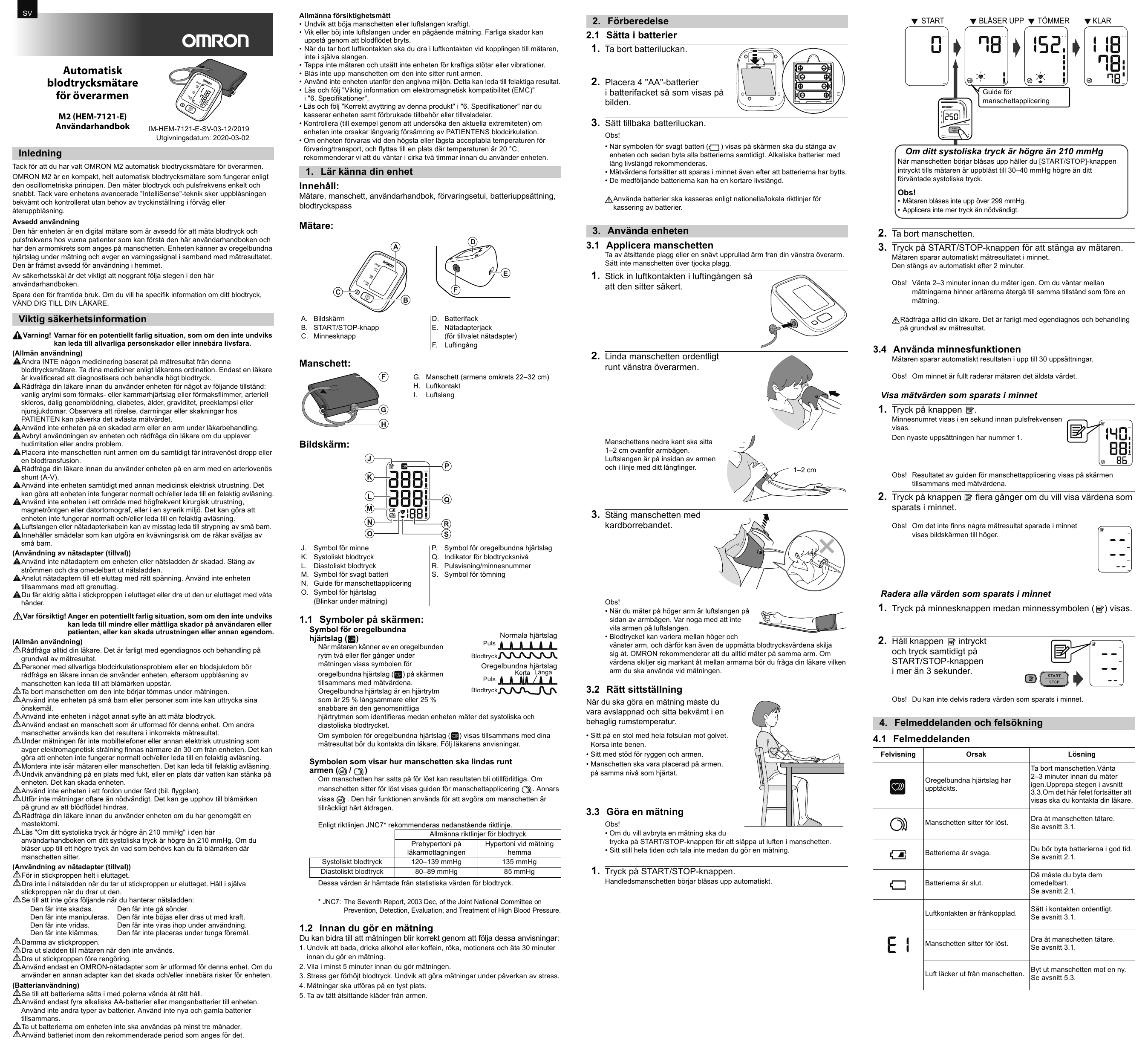 Omron Healthcare HEM-7121-E M2 Blood Pressure Monitor Instruction manual |  Manualzz