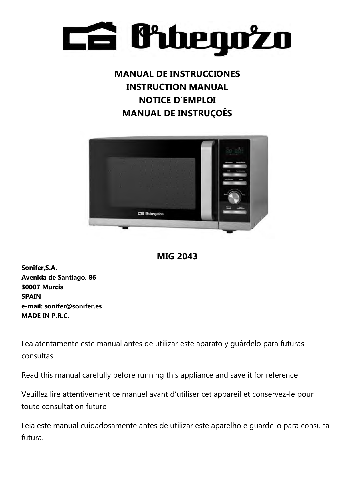 Manual de Instrucciones Microondas Orbegozo MIG 2320 con Grill