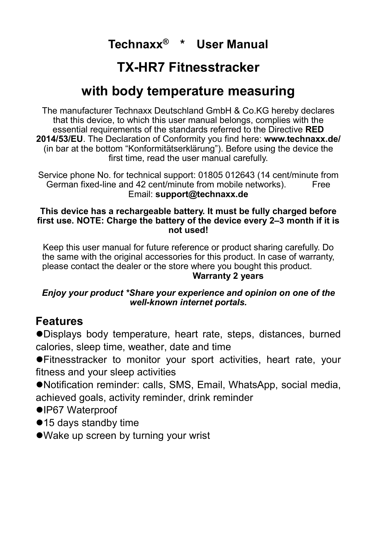 Technaxx TX-HR7 Fitnesstracker Owner's Manual | Manualzz