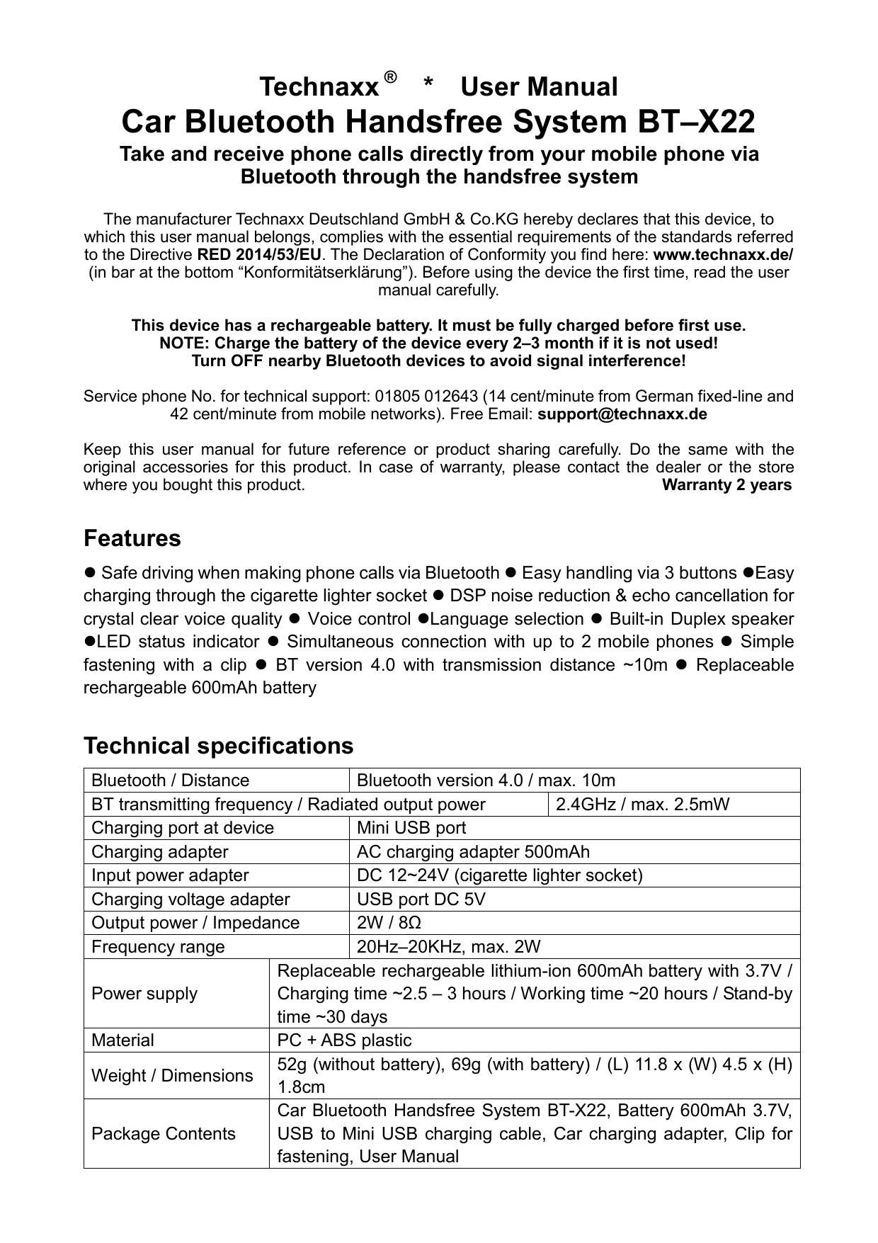 Technaxx BT-X22 Car Bluetooth Handsfree System Owner's Manual | Manualzz