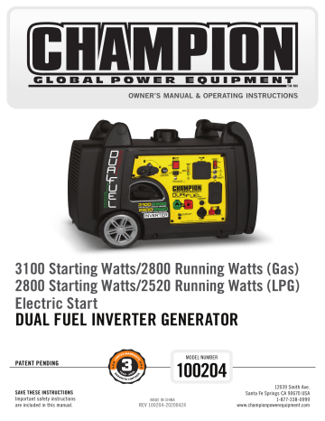 Champion power equipment 100204 3100-Watt Dual Fuel Inverter Operator's Manual | Manualzz