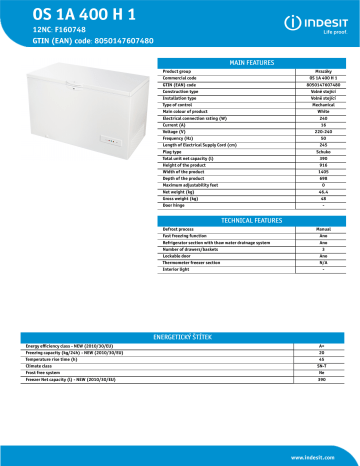 INDESIT OS 1A 400 H 1 Freezer Product Data Sheet | Manualzz