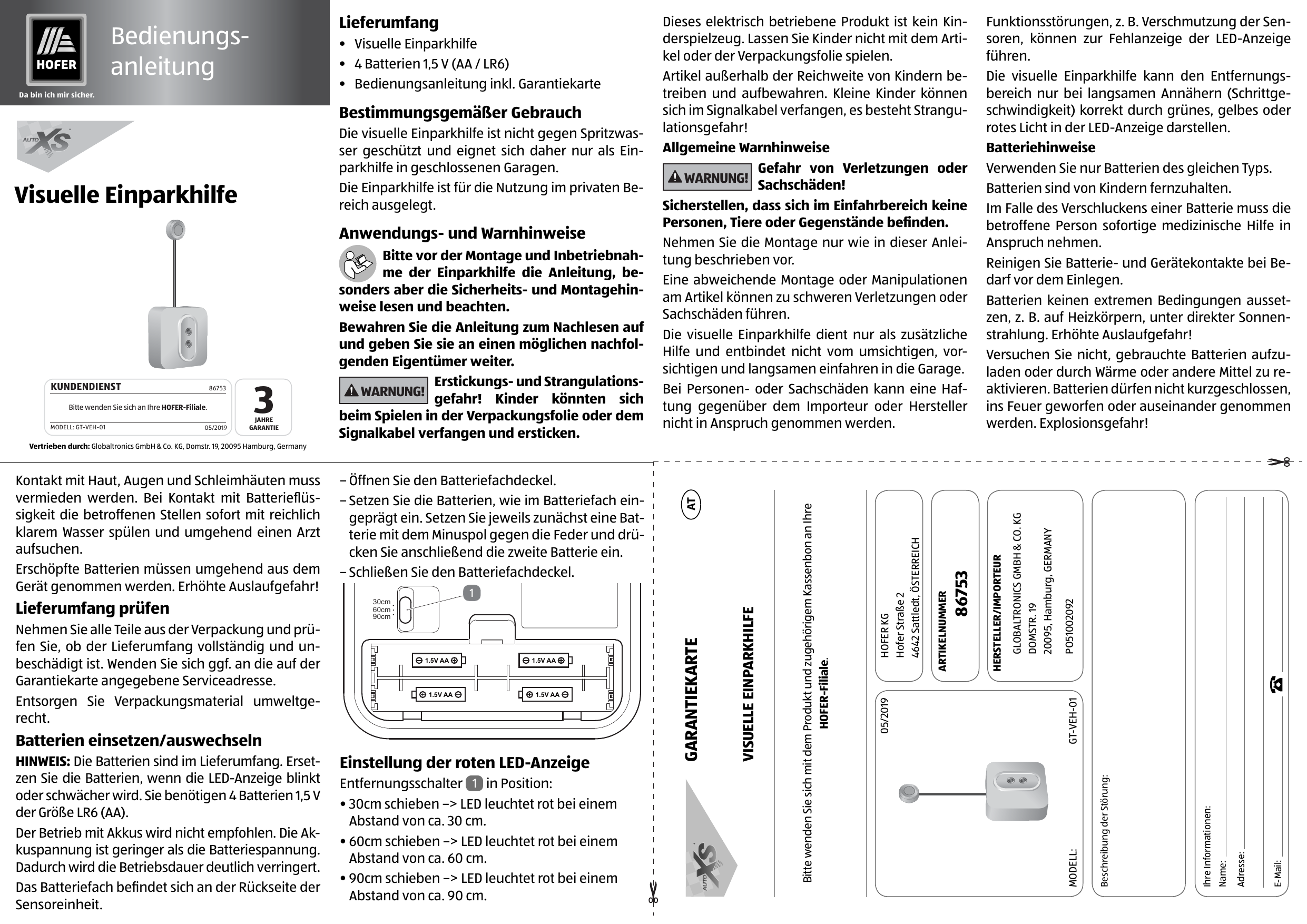Auto XS GT-VEH-01 Ultrasonic car packing indicator Benutzerhandbuch