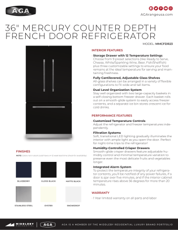 AGA MMCFDR23SS 36 Inch Counter Depth French Door Refrigerator Spec Sheet | Manualzz