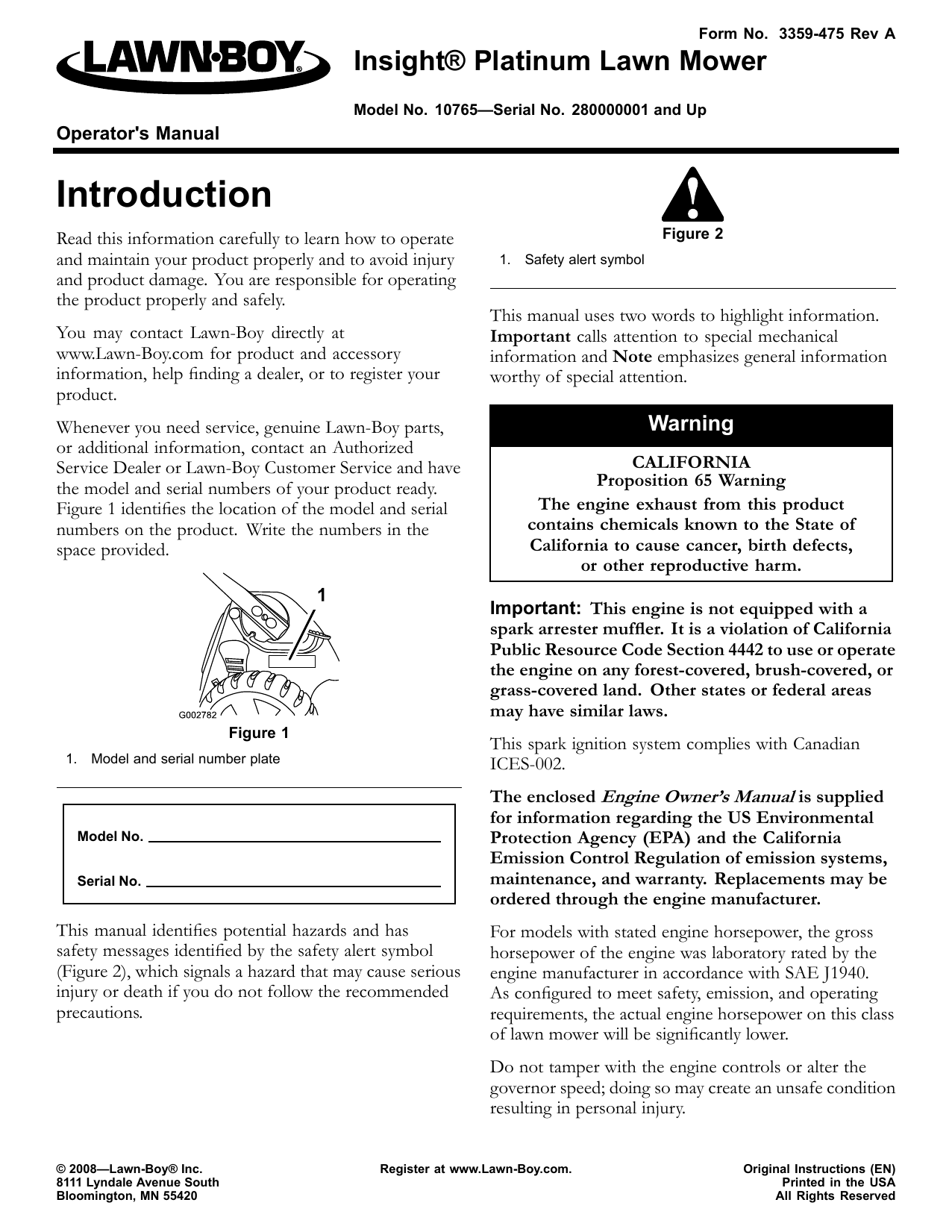 Lawn Boy Insight Platinum 10765 Operator s Manual Manualzz