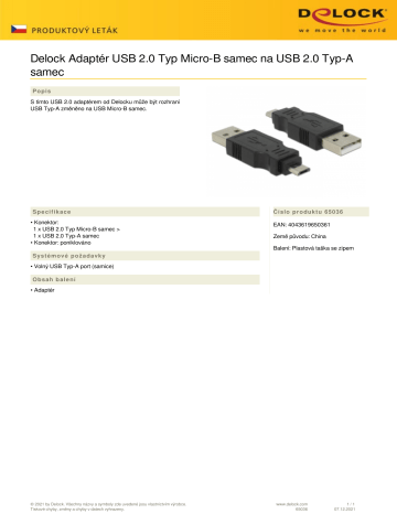 DeLOCK 65036 Adapter USB 2.0 Type Micro-B male to USB 2.0 Type-A male Dátový hárok | Manualzz
