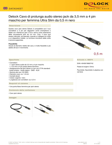 DeLOCK 66074 Audio Extension Cable Stereo Jack 3.5 mm 4 pin male to female Ultra Slim 0.5 m black Scheda dati | Manualzz