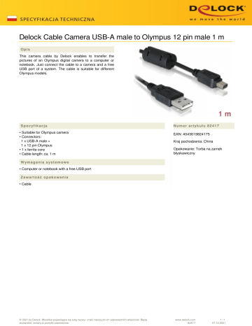 Delock 82417 Cable Camera USB-A male to Olympus 12 pin male 1 m Data Sheet | Manualzz