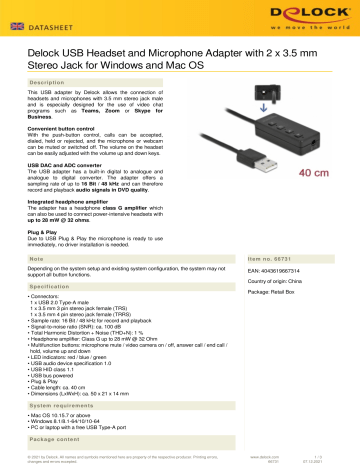 Delock 66731 USB Headset and Microphone Adapter Data Sheet | Manualzz