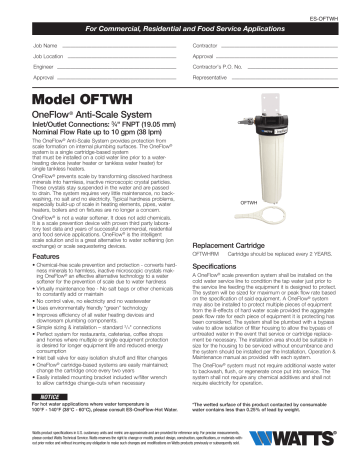 Watts OFTWH OneFlow Anti-Scale System Specification | Manualzz