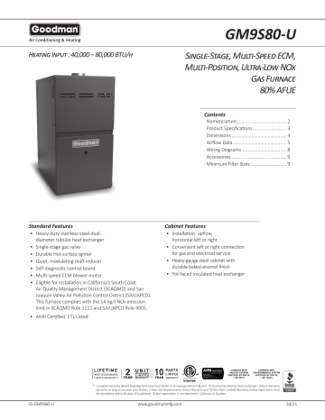 Goodman GM9S80-U Gas Furnace Spec Sheet | Manualzz