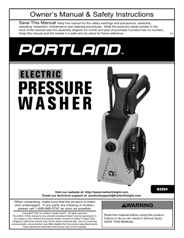 PORTLAND Item 63254-UPC 193175459053 1750 PSI 1.3 GPM Corded Electric Pressure Washer Owner's Manual | Manualzz