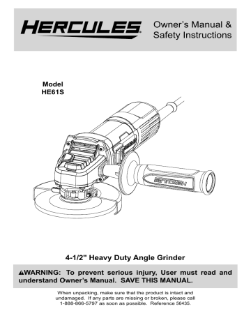 HERCULES Item 56435-UPC 792363564359 7 Amp 4-1/2 in. Slide Switch Angle Grinder Owner’s Manual | Manualzz
