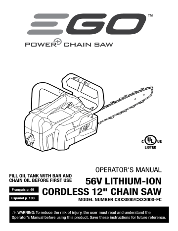 EGO CSX3003 POWER+ Commercial 56-Volt 12-in Brushless Cordless Electric Chainsaw 5 Ah Operator's Manual | Manualzz