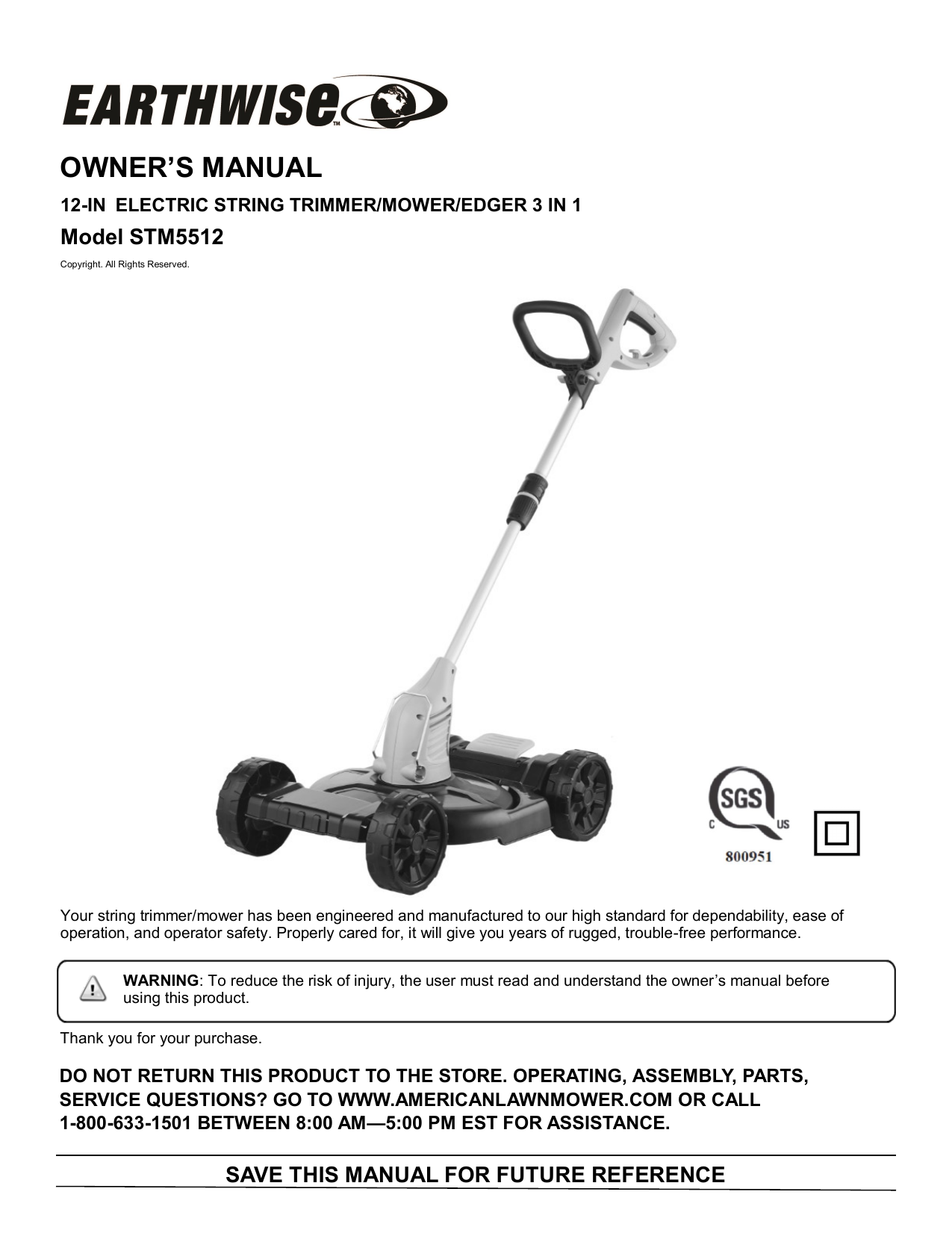 Earthwise STM5512 5.5Amp 12 2in1 Corded Electric String Trimmer