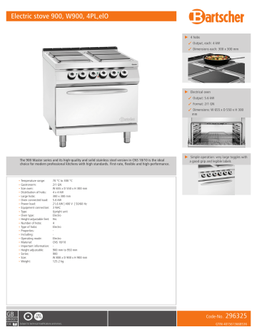 Bartscher 296325 Electric stove 900, W900, 4PL,elO Data sheet | Manualzz