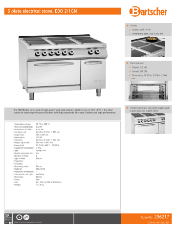 Bartscher 296217 6 plate electrical stove, EBO 2/1GN Data sheet | Manualzz