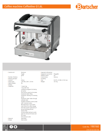 Bartscher 190160 Coffee machine Coffeeline G1,6L Data sheet | Manualzz