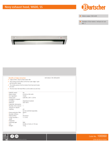 Bartscher 100060 Novy-exhaust hood, W600, SS Data sheet | Manualzz