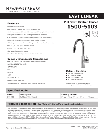 Newport Brass 1500-5103/03N East Linear Single Handle Pull Down Kitchen Faucet Specification | Manualzz