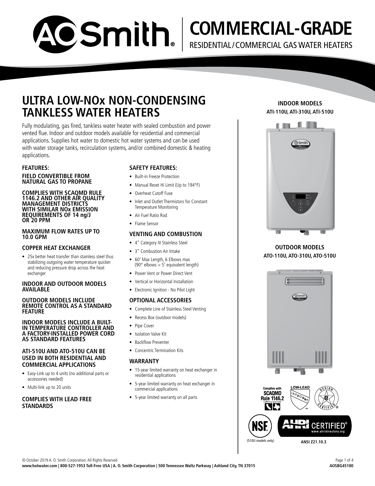 A.O. Smith 100227698 140 MBH Outdoor Natural Gas Tankless Water Heater  Specification | Manualzz