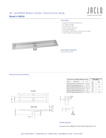 Jaclo Industries 88236-BSS zeroEDGE 2 in. Stainless Steel Shower Drain Specification | Manualzz