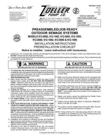 Zoeller 912-0073 115V Sewage System Package Installation instructions ...