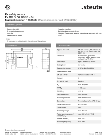 Steute Ex RC Si 56 1Ö/1S - 5m Data Sheet | Manualzz