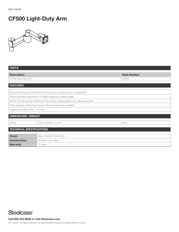 Steelcase CF500 Light-Duty Arm Specifications Sheet | Manualzz