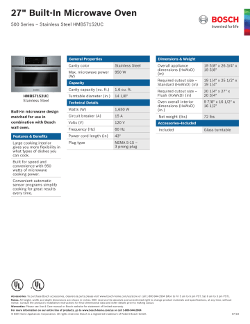Bosch HMB57152UC/06 Built-In Microwave Oven Spec Sheet | Manualzz
