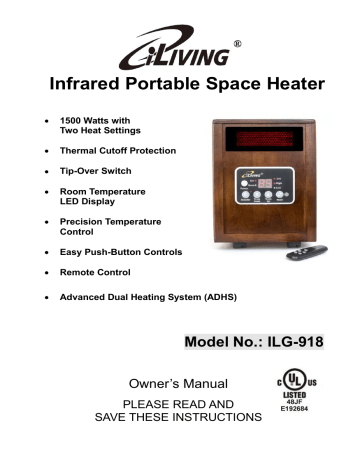 Dr. Heater USA ILG-918 iLIVING Infrared Portable Space Heater User Manual | Manualzz