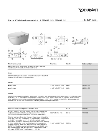 Duravit 222609 Starck 3 Toilet wall-mounted Specification | Manualzz