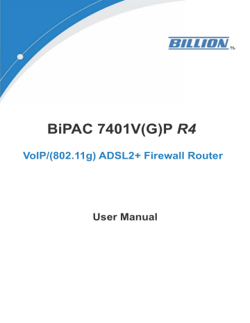 Billion Electric QI3BIL-7401VGPR4 VoIP/ADSL2+ Firewall Router User Manual | Manualzz
