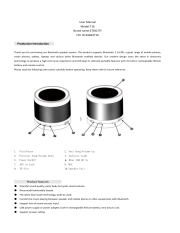 Etekcity 2AB22T16 wirelessbluetooth speaker User Manual | Manualzz
