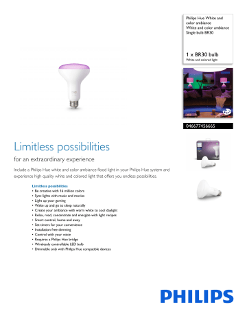 CQMTO 468942 Philips Hue White and Color Ambiance BR30 60W Equivalent Dimmable LED Smart Flood Light Specifications | Manualzz