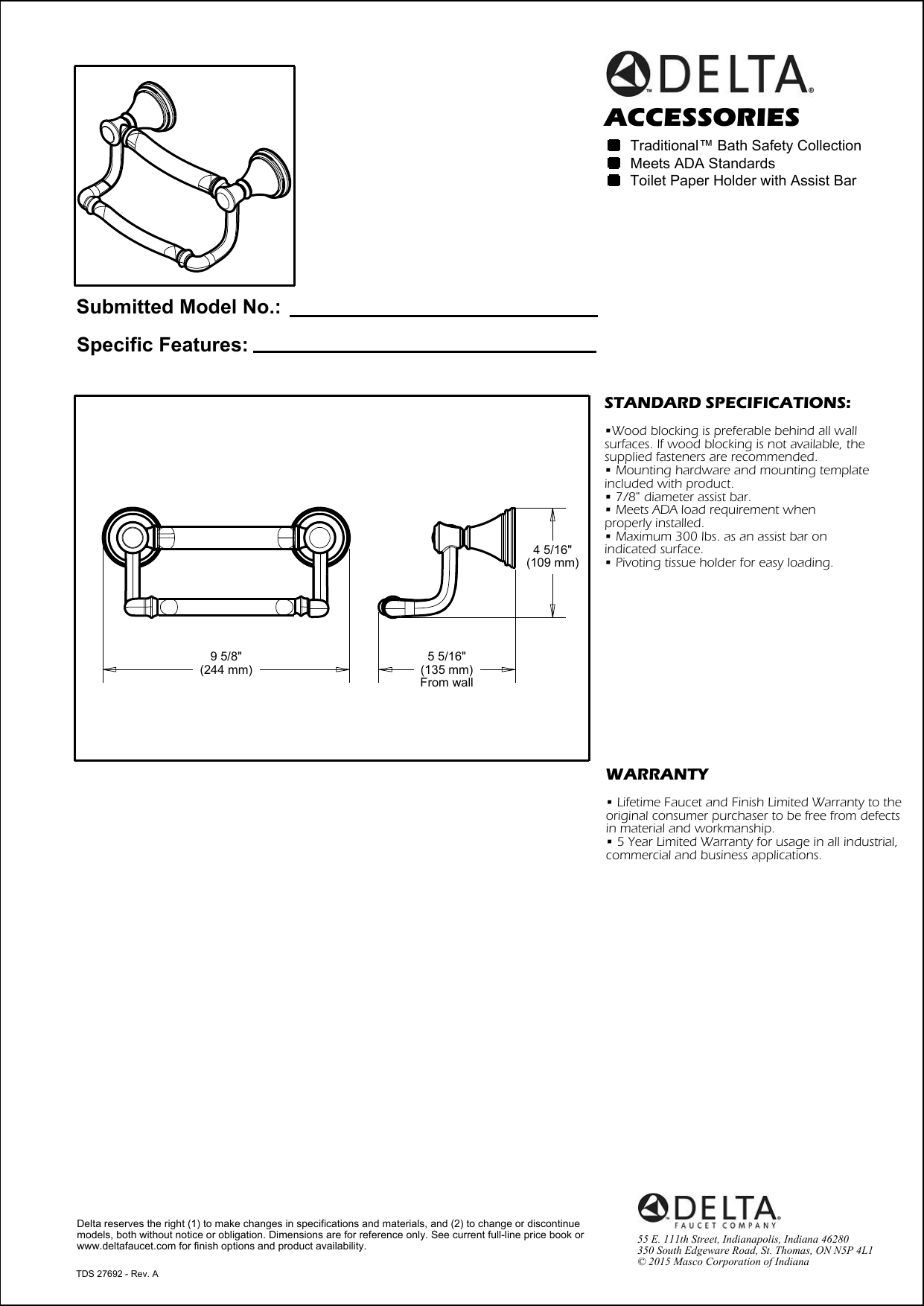 Delta Faucet 41450-BL Decor Transitional Toilet Paper Holder with Assist  Bar, Matte Black