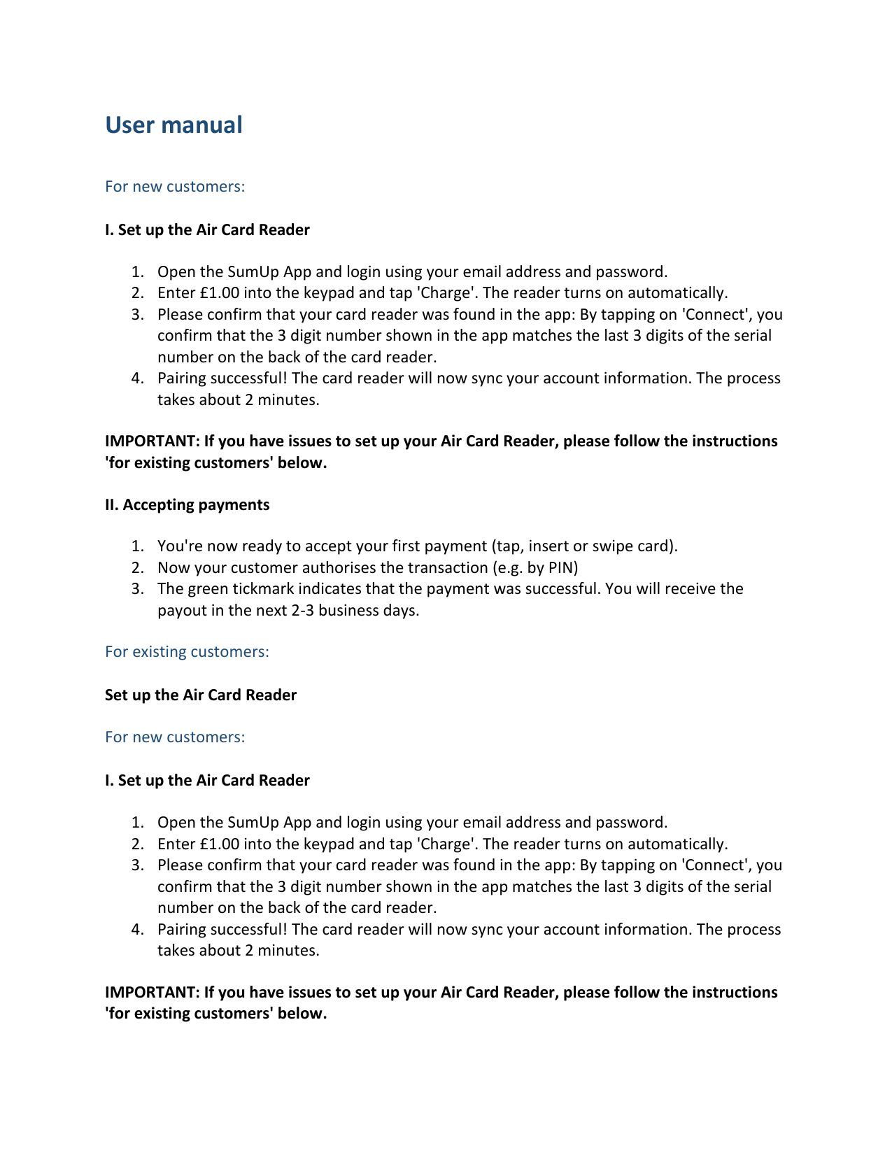 Datecs SumUp Air V2 Card Reader Instructions