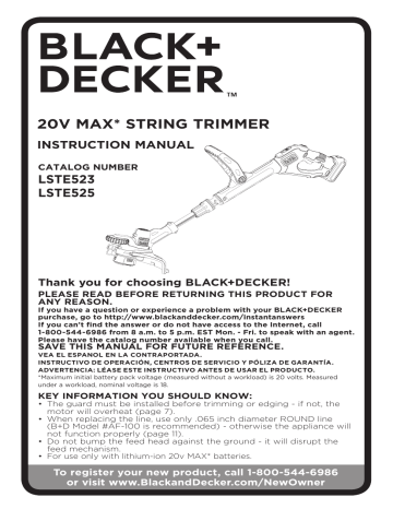 BLACK DECKER LSTE523 20V Max String Trimmer Instruction Manual