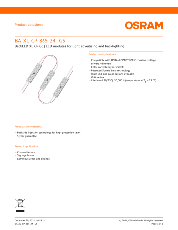 Osram BA-XL-CP-865-24-G5 Data Sheet | Manualzz